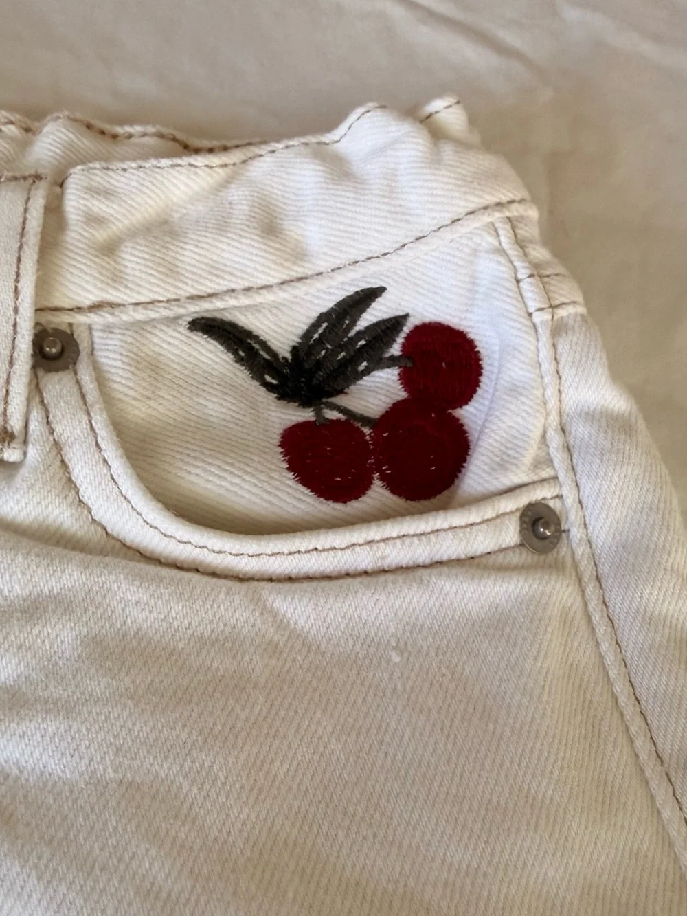 Zara Kids Cherry Embroidered White Denim Shorts